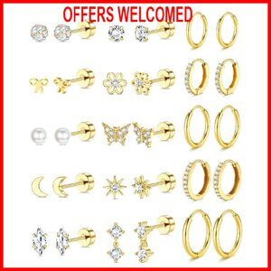 14K Gold Plated Stud Hoop Earrings Hypoallergenic Surgical Steel